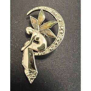 VTG Liz Claiborne Fairy on a Crescent Moon Gold Tone Enamel Brooch 2” FAIRYCORE
